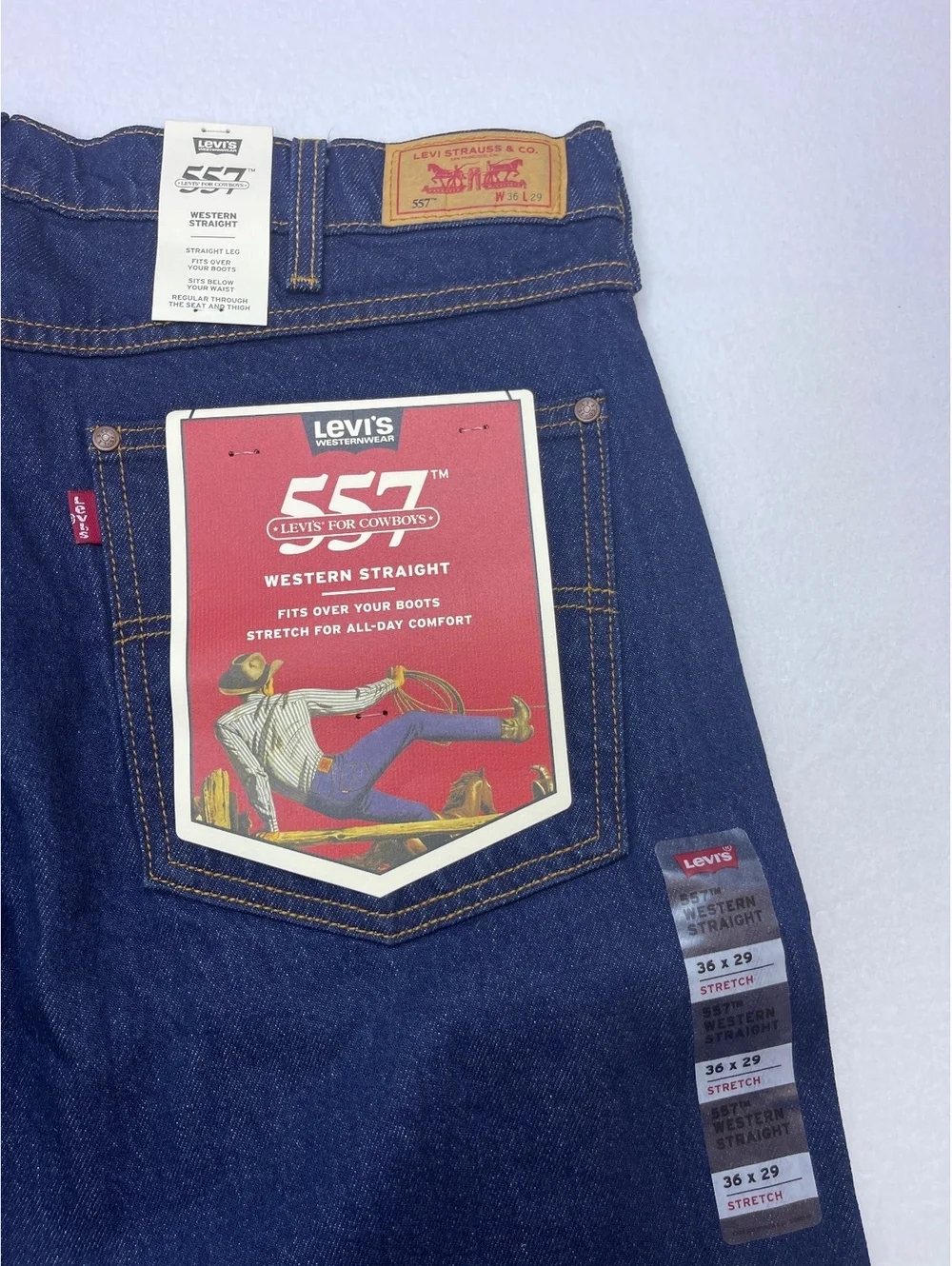 Levi's 557 Western Straight Stretch Jeans 36x29 Dark Blue Denim
